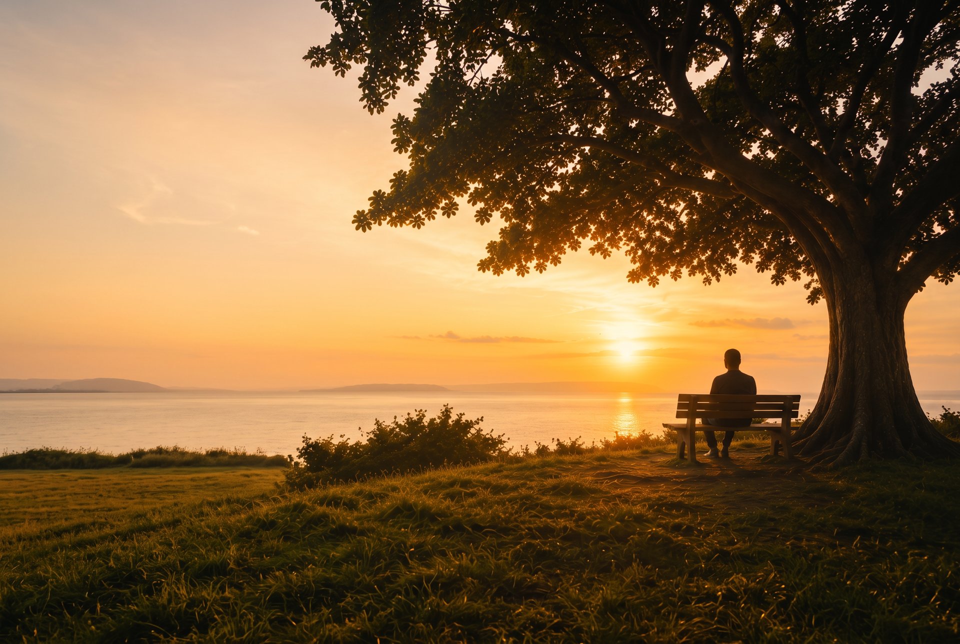 A person sitting on a wooden bench beneath a large tree, watching a golden sunrise over the ocean